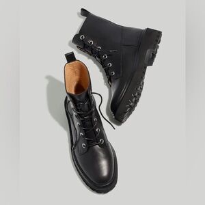 NWOB Madewell Rayna Lace Up Boot in Genuine Leather Black Size 7 $198 NG667